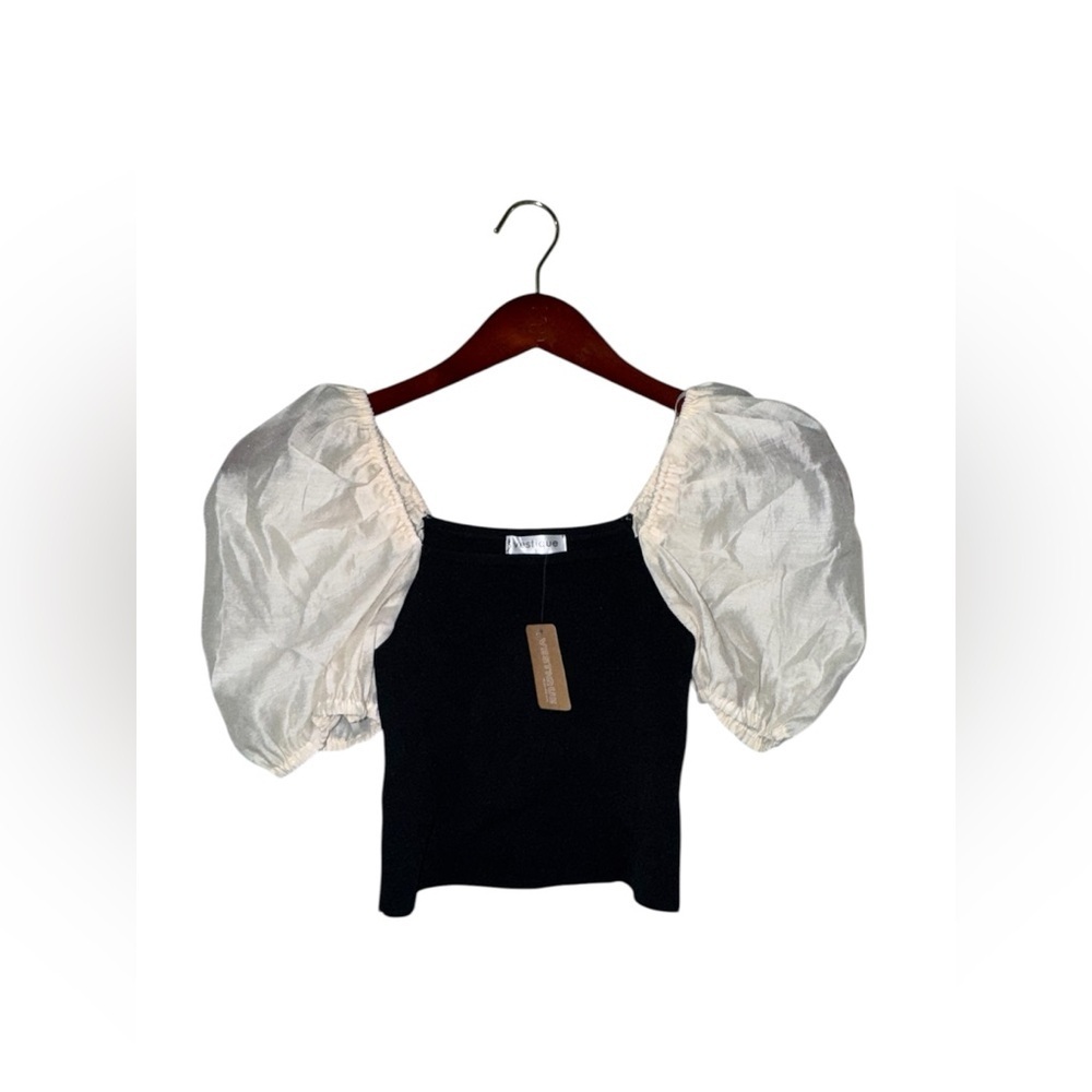 NTW Vestique Black Knit Top with Ivory Puff Sleeves - Size S